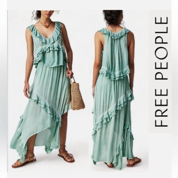 Free People If Only Skirt Set Harbor Mint Rayon Gauze Asymetrical Ruffle Medium - Picture 3 of 6